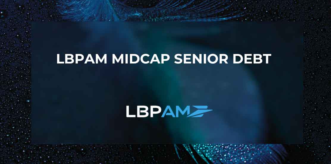 Visuel bleu avec le logo LBP AM illustrant un CP sur le Le fonds LBPAM Midcap Senior Debt