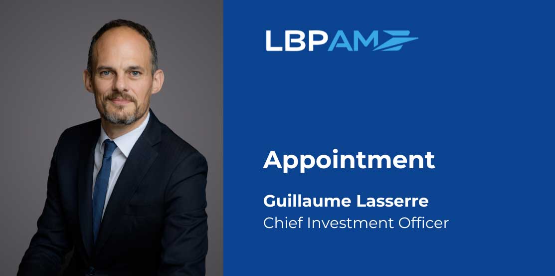 Visuel bleu avec le logo LBP AM illustrant un CP sur le Le fonds LBPAM Midcap Senior Debt  