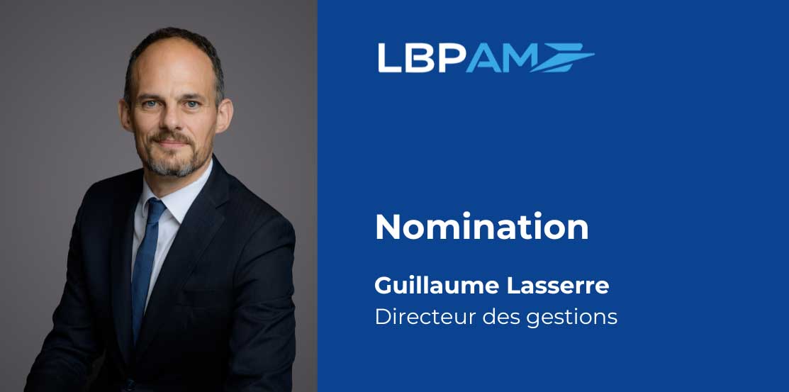 Visuel bleu avec le logo LBP AM illustrant un CP sur le Le fonds LBPAM Midcap Senior Debt